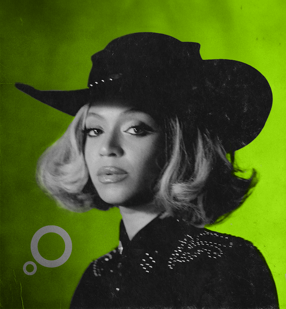 Beyonce blinking her eye and tipping her cowboy hat on a neon green background