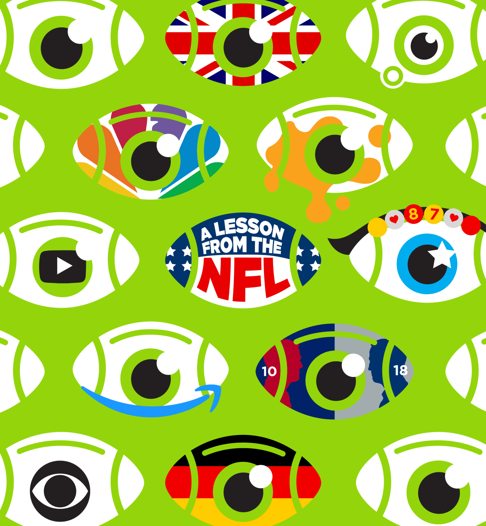 Multiple footballs designed to look like eyeballs with a Super Bowl Theme that incorporates the Amazon logo, an American flag, CBS logo, YouTube logo, and a Taylor Swift friendship bracelet on a bright green background.