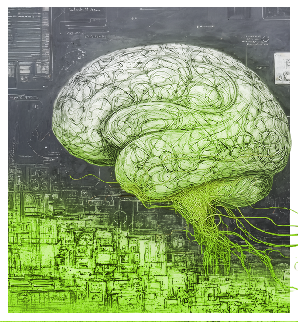 Abstract illustration of a glowing green human brain merging with digital circuitry, symbolizing artificial intelligence and its integration with communication and technology.