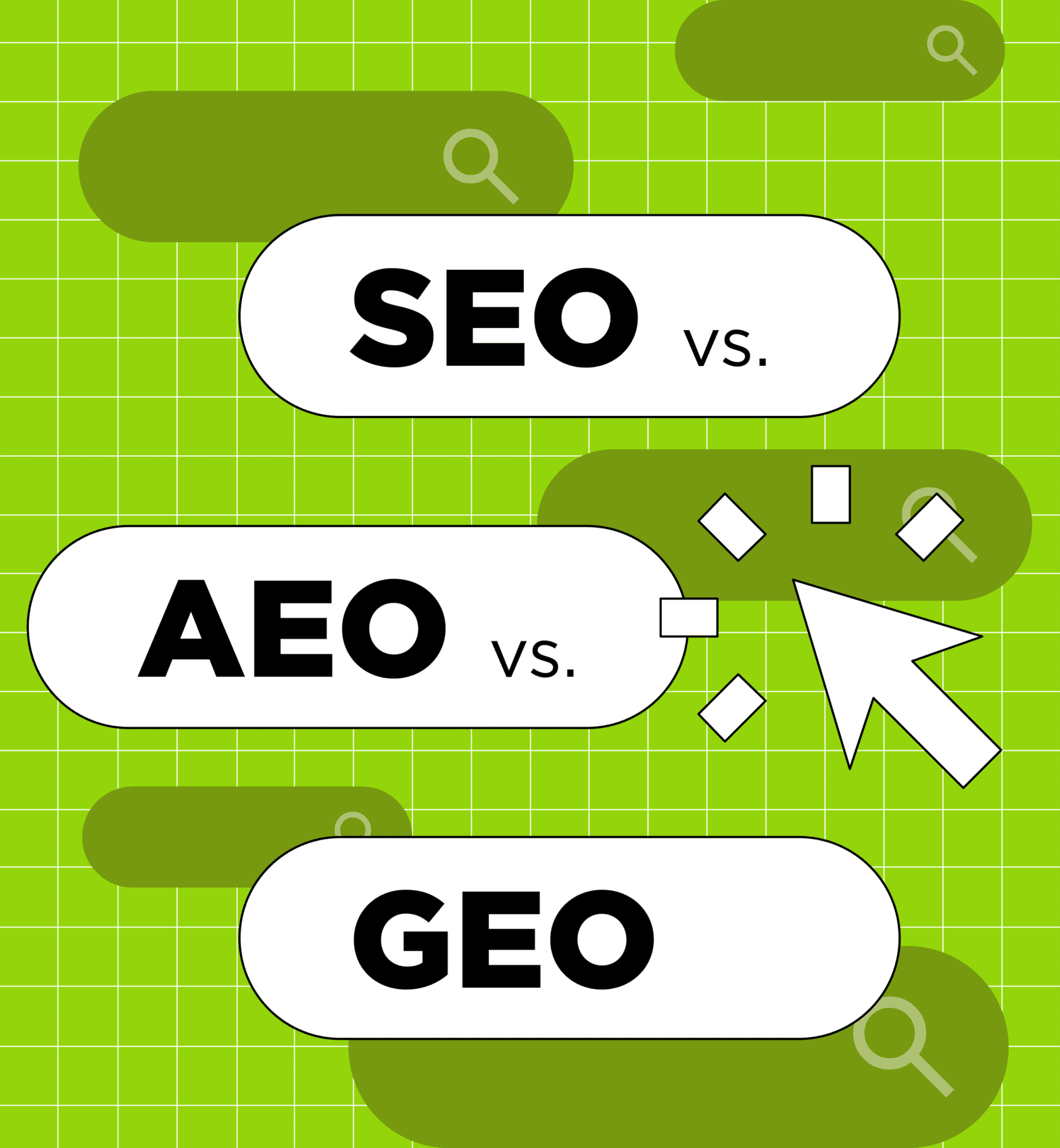 Three rounded white rectangles on a green grid background display bold black text: SEO vs., AEO vs., and GEO. A large cursor icon points at AEO vs. Magnifying glass symbols decorate the background.